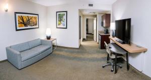 a living room with a couch and a desk and a television at Holiday Inn Hotel & Suites Stockbridge-Atlanta I-75, an IHG Hotel in Stockbridge