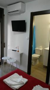 a bathroom with a toilet and a tv on the wall at Hostal Cubelles in Cubelles