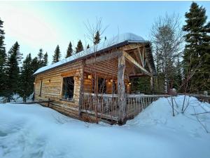 a log cabin in the snow in the woods at HUSKY - Chalets de Môh - Jacuzzi in La Malbaie
