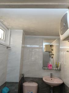 a bathroom with a sink and a toilet and a mirror at Grey House in Da Lat