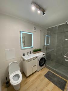 y baño con aseo, lavabo y ducha. en Апартаменти на виставці en Khmelʼnytsʼkyy