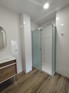 uma casa de banho com uma cabina de duche em vidro e um lavatório. em Pensión Residencial Platas em O Pedrouzo
