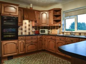a kitchen with wooden cabinets and a counter top at Gwynfan Bungalow in Nantmel