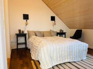 a bedroom with a bed with two tables and two lamps at Assendrupgaard Vejle in Vejle