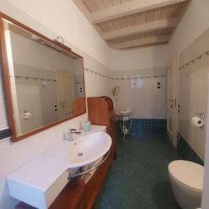 uma casa de banho com um lavatório, um WC e um espelho. em Relais diVINO em Ala