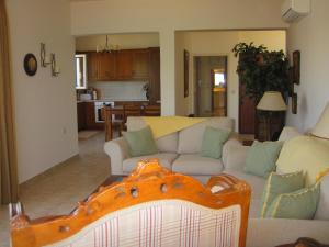 un soggiorno con divano e una cucina di Spacious Seafront Apartment a Ixiá