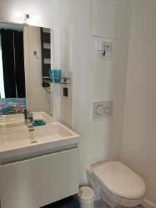 bagno bianco con servizi igienici e lavandino di Chambre meublée indépendante a Charbonnières-les-Bains