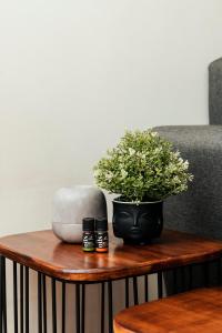 恩塞納達港的住宿－Studio 112，一张桌子,上面有植物和两瓶