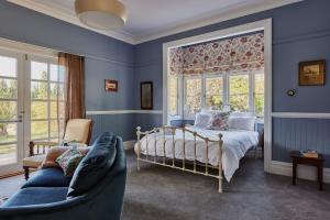 een slaapkamer met blauwe muren en een bed en een bank bij Clifton Homestead in Ranelagh