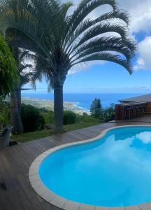 a swimming pool with a palm tree and the ocean at KAZ ORÈA in Saint-Leu