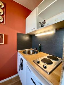 kuchnia z kuchenką i zlewem w obiekcie Splendide studio Moderne - Proche centre - Laverie w mieście Nîmes +11 zdjęć