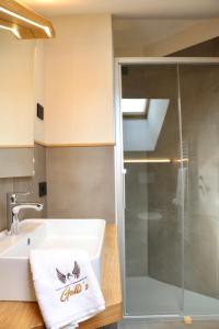 La salle de bains est pourvue d'un lavabo et d'une douche. dans l'établissement Hotel Galli's - Centro, à Livigno