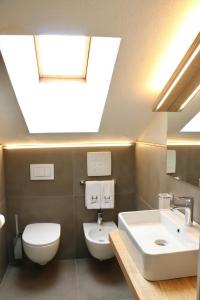 リヴィーニョにあるHotel Galli's - Centroのバスルーム(シンク、トイレ付)、天窓が備わります。