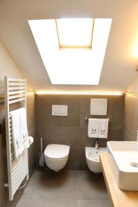 a bathroom with a toilet and a sink and a skylight at Hotel Galli's - Centro in Livigno