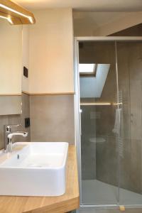 a bathroom with a sink and a shower at Hotel Galli's - Centro in Livigno