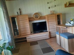a living room with a flat screen tv in a entertainment center at Vögelhof in Doren