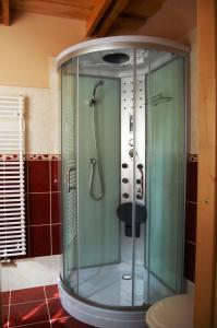 a shower with a glass door in a bathroom at Maya Guesthouse in Eger