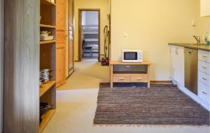 eine Küche mit einem Schreibtisch und einer Mikrowelle in der Unterkunft Hovden Alpin Apartments in Hovden