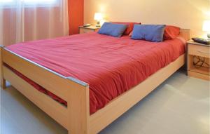 ein großes Bett mit roten und blauen Kissen darauf in der Unterkunft Nice Home Saint Germain in Saint-Germain-sur-Ay