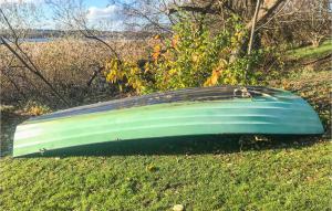 a green boat sitting on the grass in the grass at Stunning Home In Botolfsbo With Lake View 