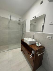 a bathroom with a sink and a shower with a mirror at Ai Tre Garofani B&B in Trento