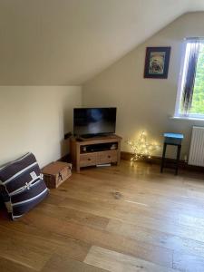 a living room with a flat screen tv and a couch at Open plan area sleeping up to 2 adults & 2 children in Bideford