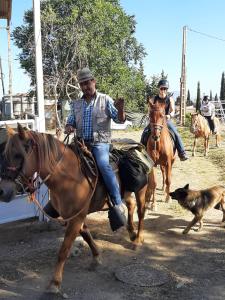 Appartement Sierra Nevada Spanje في Alquife: رجل وامرأه يركبون الخيل مع كلب