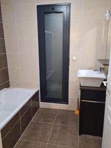a bathroom with a shower and a sink and a tub at Maison au Bord de l'Océan in Mimizan +11 photos