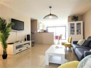 a living room with a couch and a tv at Maison au Bord de l'Océan in Mimizan