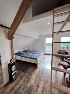 a bedroom with a bunk bed and a ladder at Bulldog Racing Home in Rodder