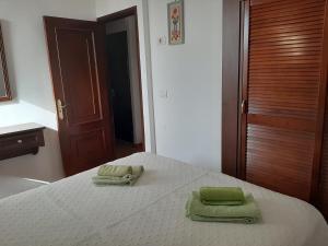 プラヤ・デ・ラス・アメリカスにあるLas Americas bonita vista 61のベッドルーム1室(ベッド1台に緑のタオル2枚付)