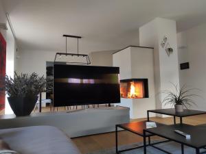 uma sala de estar com uma grande televisão de ecrã plano em Casa Riccardo em Levico Terme