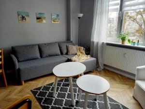 ein Wohnzimmer mit einem Sofa und 2 Tischen in der Unterkunft Studio Gruszka in Gdynia