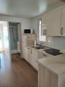 a kitchen with a sink and a microwave at SEA LUX FLOATING HOUSE AJDA Portorose in Portorož