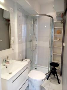 ein Bad mit einer Dusche, einem WC und einem Waschbecken in der Unterkunft Studio Gruszka in Gdynia