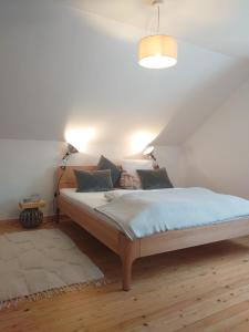a bedroom with a large bed with blue sheets at Lichtzeit in Mauth