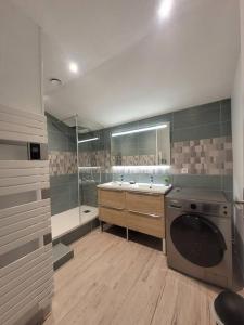a bathroom with a washing machine and a shower at Appartement Le Duplex in Cluny