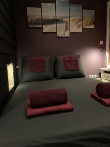 um quarto com uma cama com almofadas vermelhas em Zeeuws Ontspannen Bed & Wellness em Middelburg