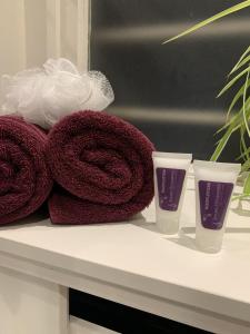 três toalhas e dois copos sentados numa prateleira em Zeeuws Ontspannen Bed & Wellness em Middelburg