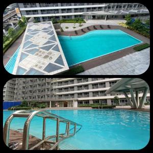 deux photos d'une piscine en face d'un bâtiment dans l'établissement Penthouse studio at Fame Residence 41st Floor, ShangriLa-Megamall, à Manille