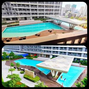 two pictures of a building with a swimming pool at Penthouse studio at Fame Residence 41st Floor, ShangriLa-Megamall in Manila