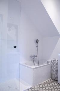 La salle de bains blanche est pourvue d'une douche et d'un lavabo. dans l'établissement L'ORANGERIE 3* VUE IMPRENABLE, à Cambo-les-Bains