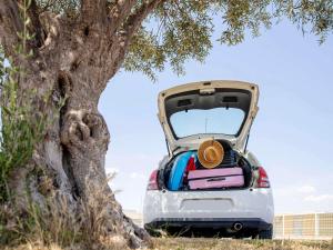 ein Auto mit offenem Kofferraum neben einem Baum in der Unterkunft Ibis Budget Perpignan Nord Rivesaltes in Rivesaltes