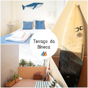 une planche de surf à côté d'une chambre avec un lit et une planche de surf dans l'établissement Terraço da Bineca, à Cortegaça