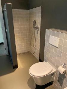 a bathroom with a toilet and a shower at Bed & breakfast 23 in Amerongen