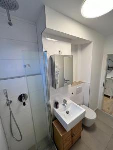 La salle de bains est pourvue d'un lavabo, d'une douche et de toilettes. dans l'établissement Zwischen BVB Stadion und UNI, à Dortmund