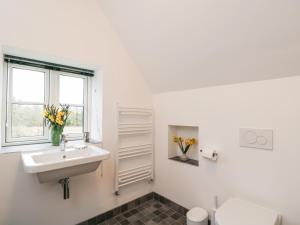 La salle de bains est pourvue d'un lavabo, de toilettes et d'une fenêtre. dans l'établissement High Cogges Farm Holiday Cottages, à Witney