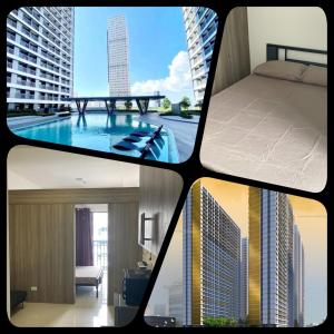 un collage de quatre photos d'une chambre d'hôtel dans l'établissement Penthouse studio at Fame Residence 41st Floor, ShangriLa-Megamall, à Manille