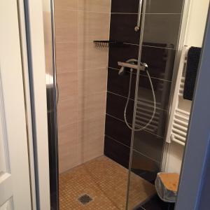 een douche met een glazen deur in een badkamer bij Le chat perché in Saint-Julien-en-Born