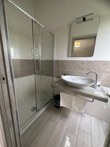 a bathroom with a sink and a glass shower at Frontemare Hotel Village & Ristorante in Rodi Garganico
